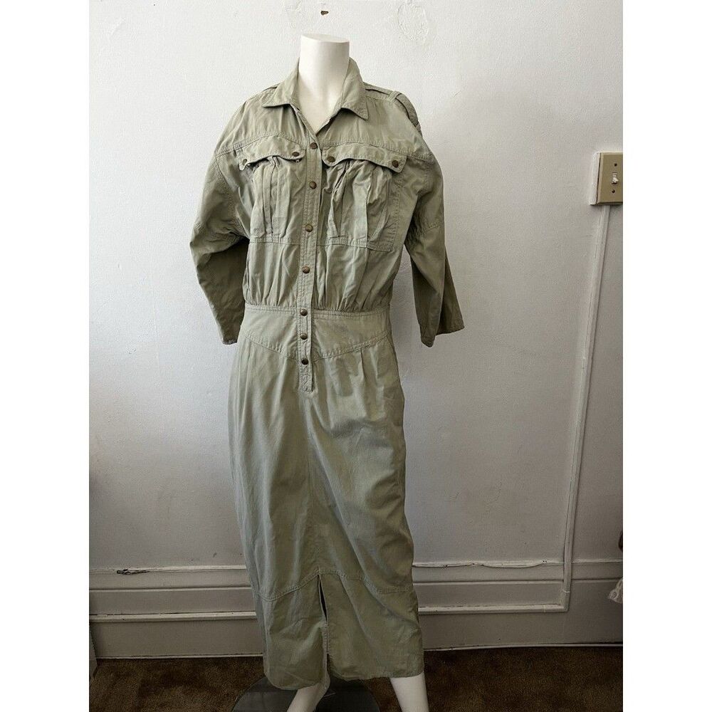 Vtg USA Utility Shirt Dress 10 Safari Minimalist Military Green Normcore Cotton